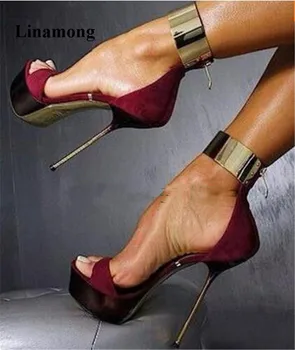 

2018 Party Sexy Women Thin High Heels Sandals 3-5cm Waterproof Platform Matel Ankle-Wrap Normal Size Super High Women Sandals
