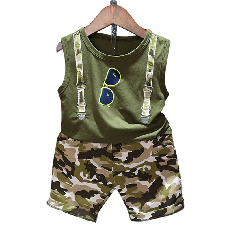 

2019 Summer Boys Clothes Sets Cotton Pattern Sleeveless T-shirt+Camouflage Shorts 2 Suits New Fashion Boy ClothesFor Kids Clthes