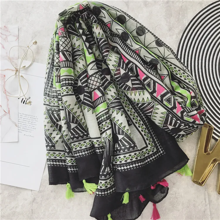 2017 Women Neon Geometry Pattern Quality Tassel Scarf 10pcs/lot |