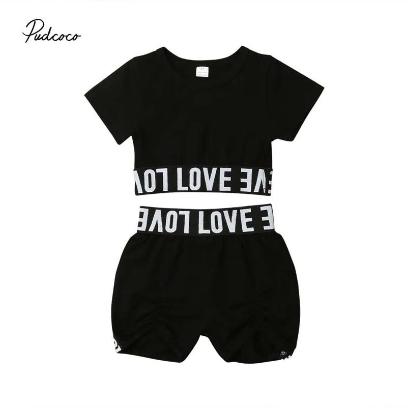 

2019 Brand Kids Toddler Girls Love Crop Top T shirt+Letter Shorts Pants New Fashion Summer Kid Clothes Outfit Set Tracksuit 1-6Y