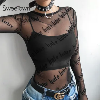 

Sweetown Black Transparent Sexy Summer T Shirt Women Mesh Top Long Sleeve Gothic Letter Printed Tshirt Women Streetwear