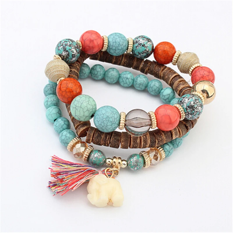 

Wooden Beads Bracelets For Women Bohemia Elephant Tassel Charm Bracelets & Bangles Set Boho Vintage Jewelry Femme 2018 Jewelry