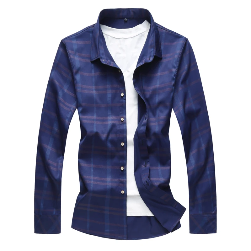 Shirt Men Slim Fit Mens Dress Shirts Male Clothing Brand Plaid Plus Size M-6XL 7XL SA52
