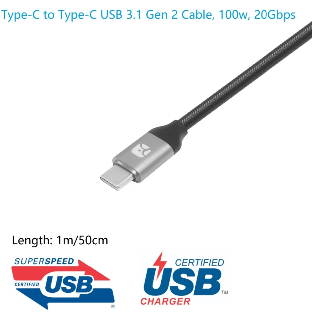 Кабель Meenova Ultra type-C-type-C USB 3,1 Gen-2(10 Гбит/с, 100 Вт PD зарядка, e-маркер), Thunderbolt 3 20 Гбит/с 4k USB-IF сертификат