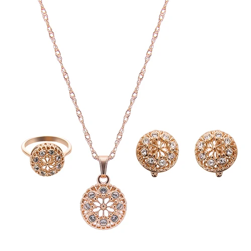 

Women Luxury Hollow Round Pendant Chain Necklace Earrings Knuckle Ring Jewelry Set