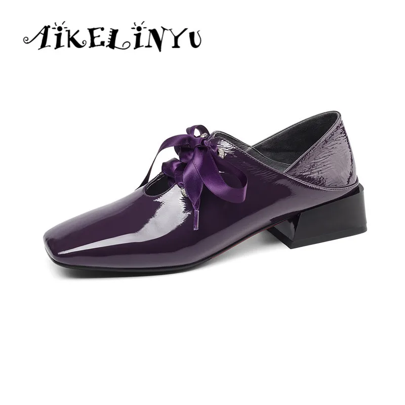 AIKELINYU/женская повседневная обувь из воловьей кожи наивысшего качества, ручной работы, на низком каблуке, фиолетового цвета женские туфли-лодочки из натуральной кожи на шнуровке, с квадратным носком, на низком каблуке - Цвет: Фиолетовый