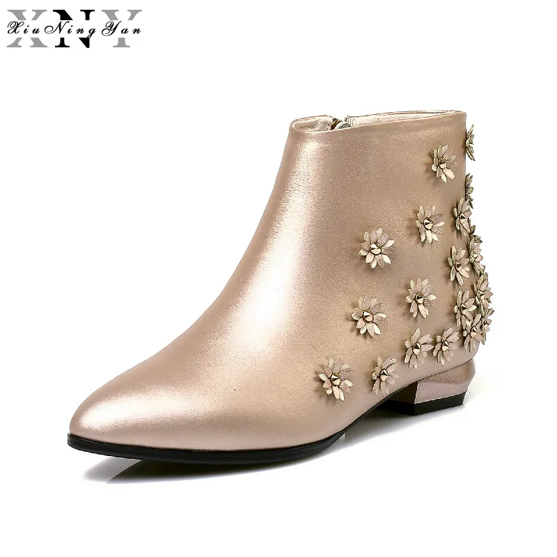 

XiuNingYan Genuine Leather Boots Flower Square Heels Autumn Winter Ankle Boots Sexy Martin Fur Snow Boots Shoes Woman Size 34-40