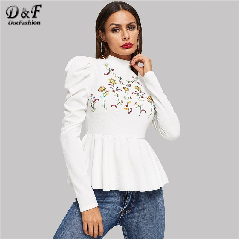  Dotfashion White Flower Embroidered Ruffle Womens Tops And Blouses 2019 Autumn Clothes Casual Pullo