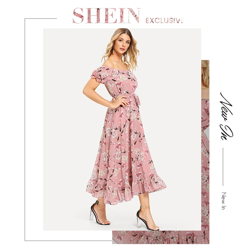 Шеин Бохо с открытыми плечами Цветочные оборки подол поясом летнее длинное платье для женщин короткие трапециевидные вечерние элегантные платья