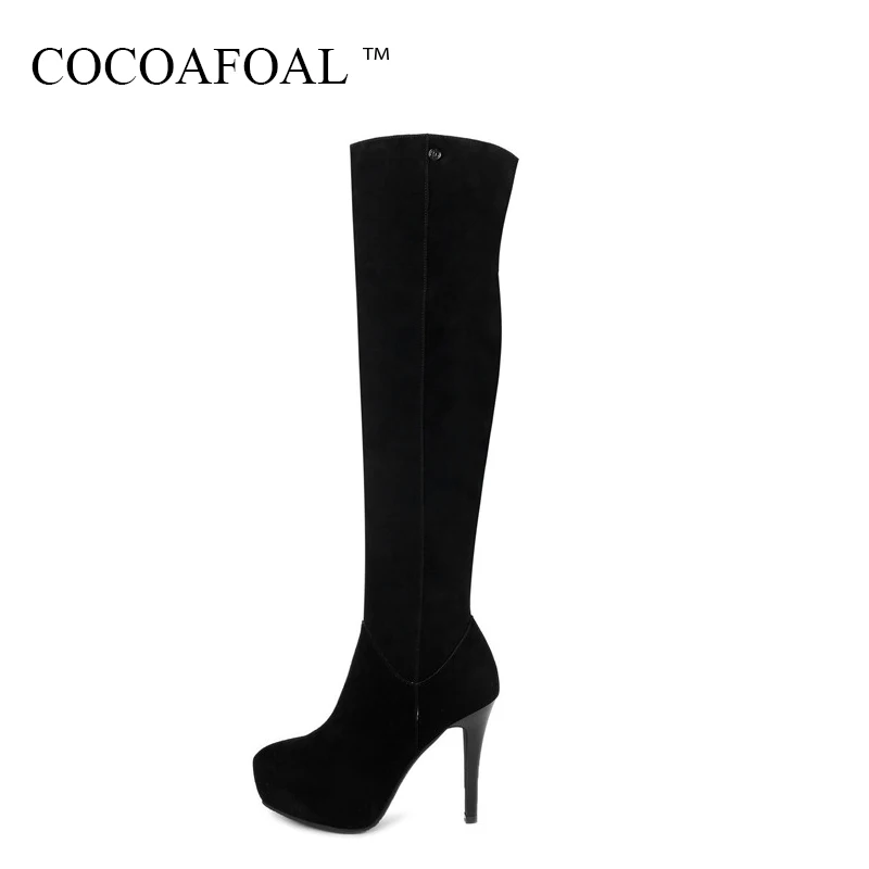

COCOAFOAL Genuine Leather Knee High Boots Fashion Black Women High Heeled Shoes Winter Nubuck Leather Chelsea Knee High Boots