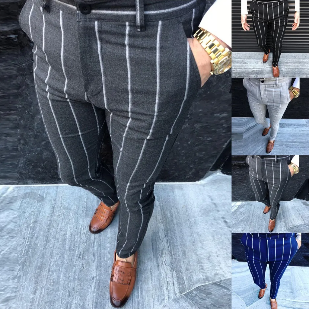 

ISHOWTIENDA 2019 New Arrival Fashion Men Casual Business Slim Fit Striped Print Zipper Long Pants Trousers Dropshipping 20