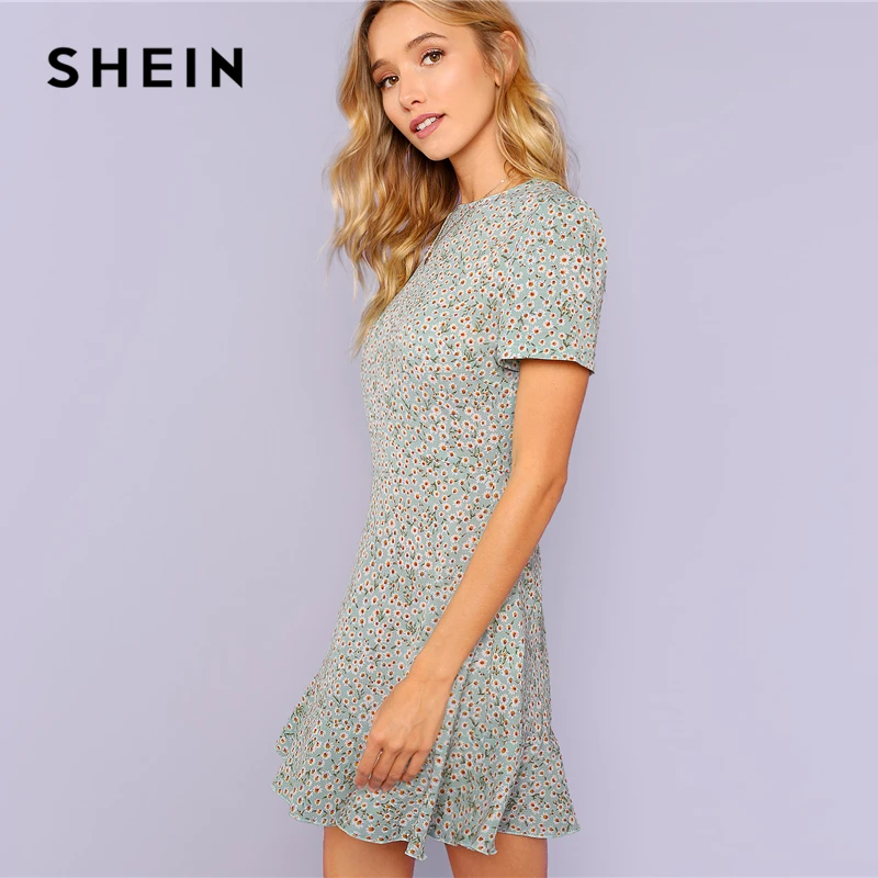 SHEIN многоцветное рельефное платье с цветочным принтом и оборками, Элегантное повседневное облегающее и расклешенное платье, женское летнее платье трапециевидной формы