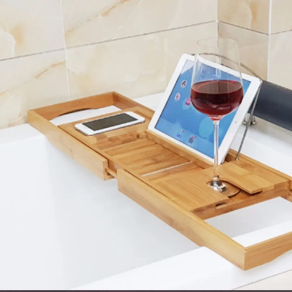 Творческий бамбук ванной стойку Выдвижная ванной лоток с чтение стойки планшет держатель телефона лоток и вина Стекло держатель