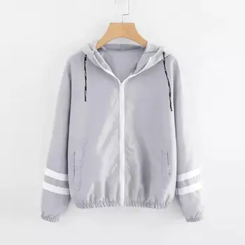 

FeiTong Autumn Women Contrast Ribbons Trim Zip Up Hooded Jacket Striped Patched Sleeve Girl Coat Outwear Windbreaker Jacket