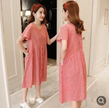 Maternity Clothes 2019 Summer New Short-sleeved Plaid Casual Pregnancy Dress Korean Cotton Dresses for Pregnant Women QL1813