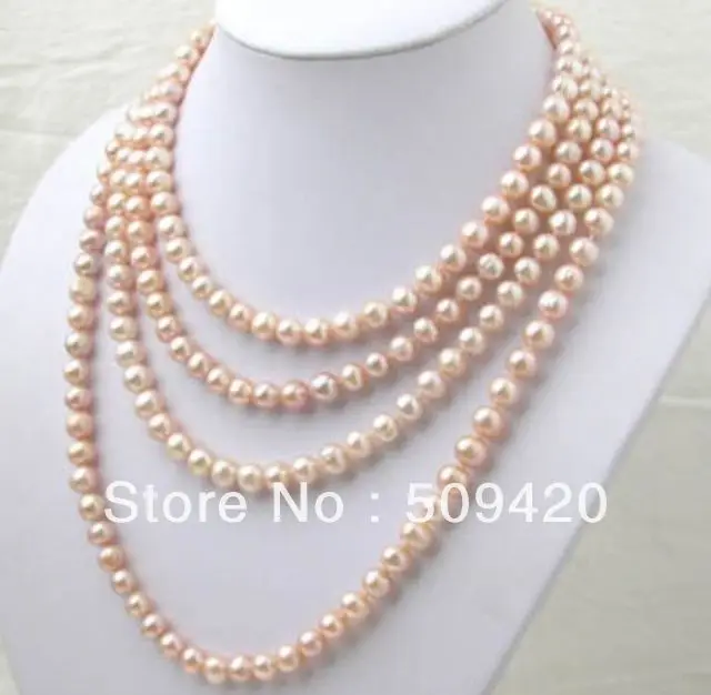 

~~ Free ShippingAAA 7-8MM pink Akoya pearl long necklace 100 inch