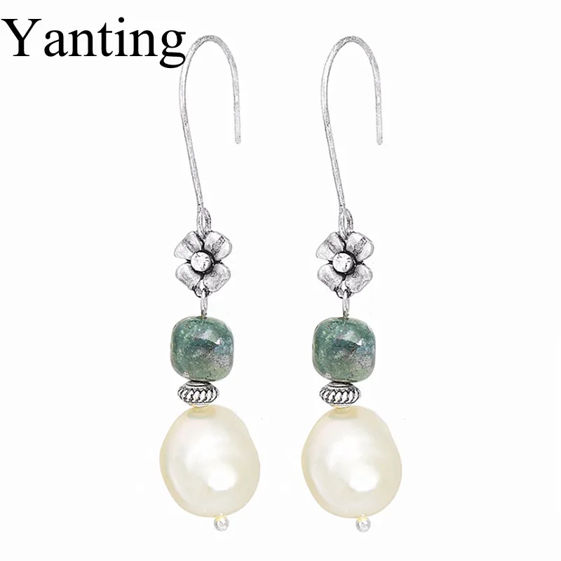 

Yanting pearl dangle earrings ancient color alloy flower natural stone vintage earrings for women elegant party jewelry brincos