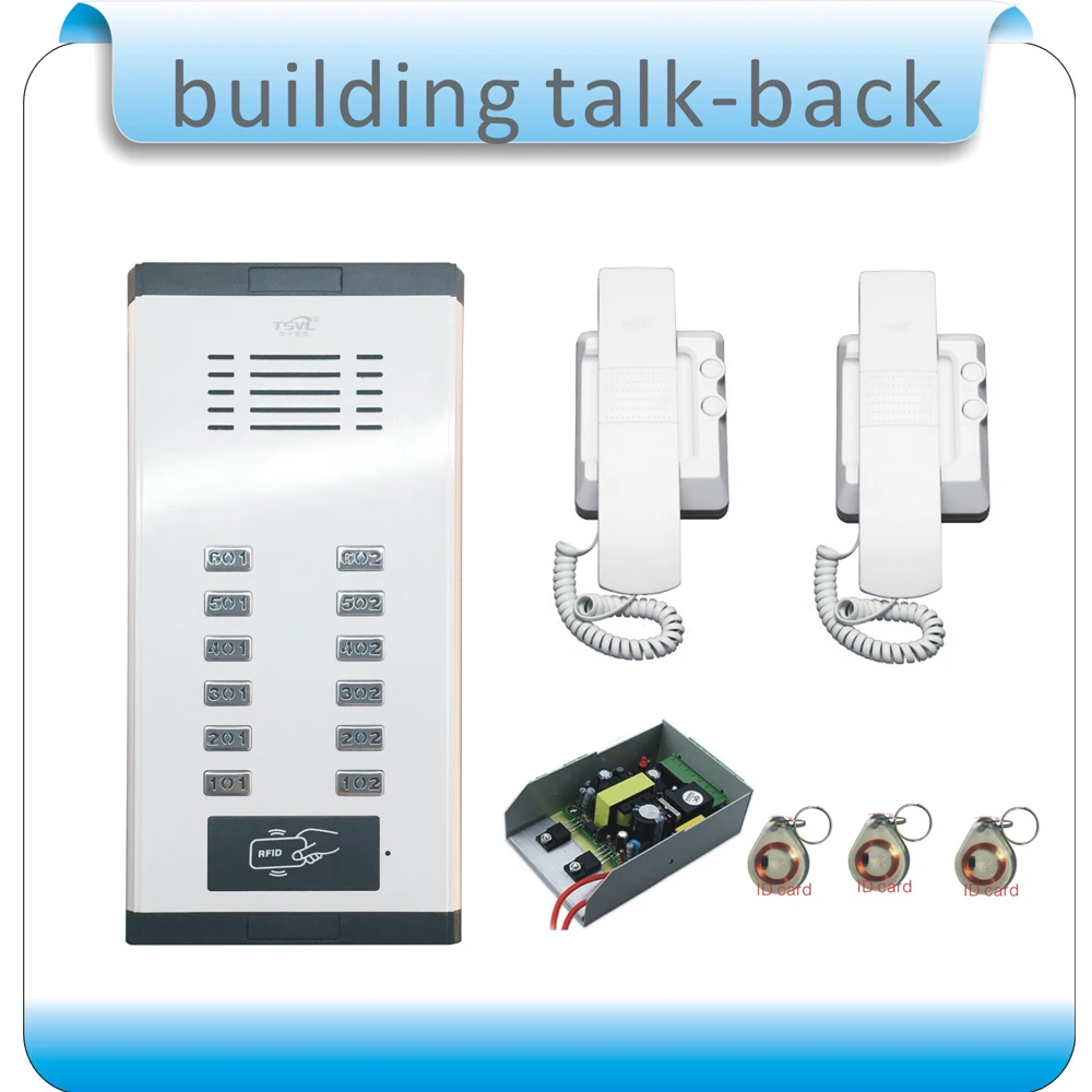 Directly button 12 Units Apartment Door Phone Intercom Doorbell System + Electronic control lock/+2 phone+1 power+10 keyfobs