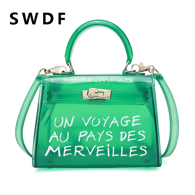 

SWDF 2018 PVC Transparent Women Handbag Clear Jelly Bag Candy Color Tote Bag Designer Plastic Letter Printing Crossbody Bag