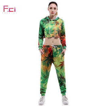

Digital Printed Leaf Women Crop Hoodie with Pants Long Sleeve Hooded Sweatshirts Set Pullover Drawstring Tracksuit Set