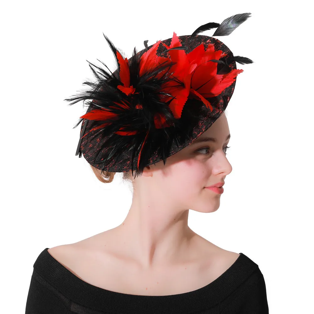 Womens Black Sinamay Floral Feather Fascinator Kentucky Derby Hat Headband T346 