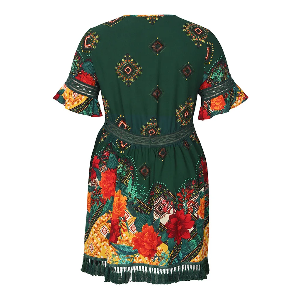 Plus Size Women Summer Dress Bohemian Floral Print Tassels Short Sleeve Dress Vintage Women V-Neck Beach Dresses roupas feminina