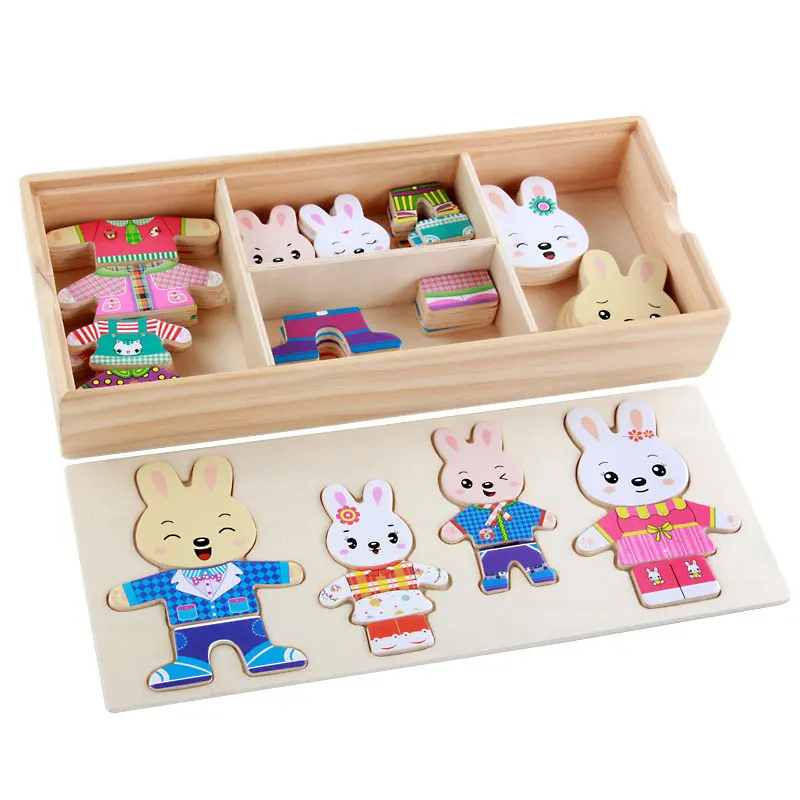 

Multifunctional Educational Toys For Children Wooden Cute Cartoon Rabbit Family Wooden Toys For Girls Clothing Changing KK2168H