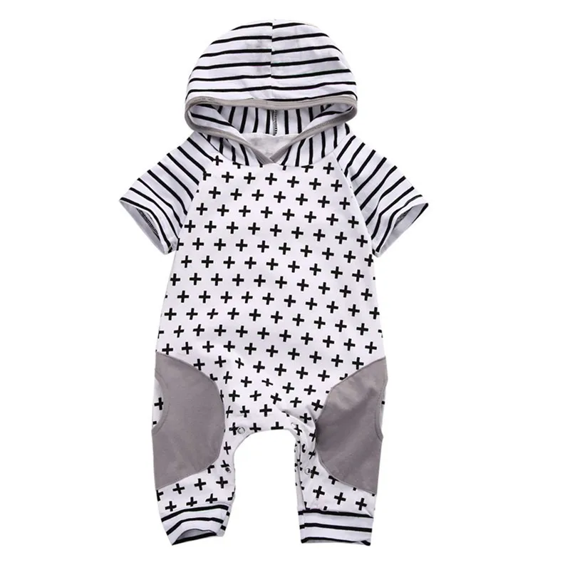 

Emmababy Infant kids Baby Girl Boy cute stripe plus sign print Hooded Romper bebe girls Cross Short Sleeve Rompers Playsuit
