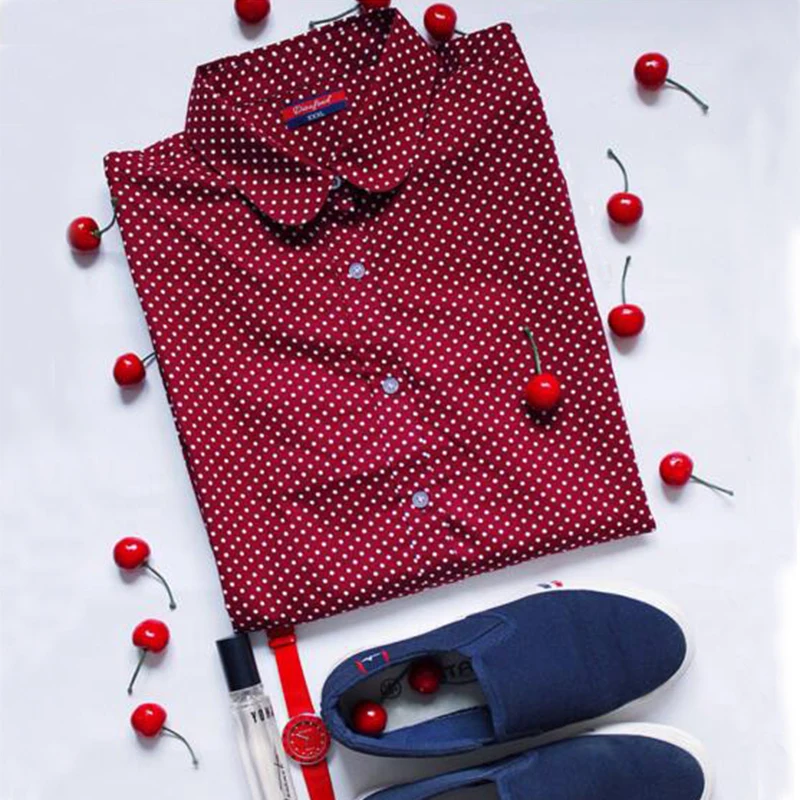 Dioufond, Хлопковая женская рубашка, блуза с длинным рукавом, красный горошек, Blusas Femininas, 5XL размера плюс, отложной воротник, женские модные топы