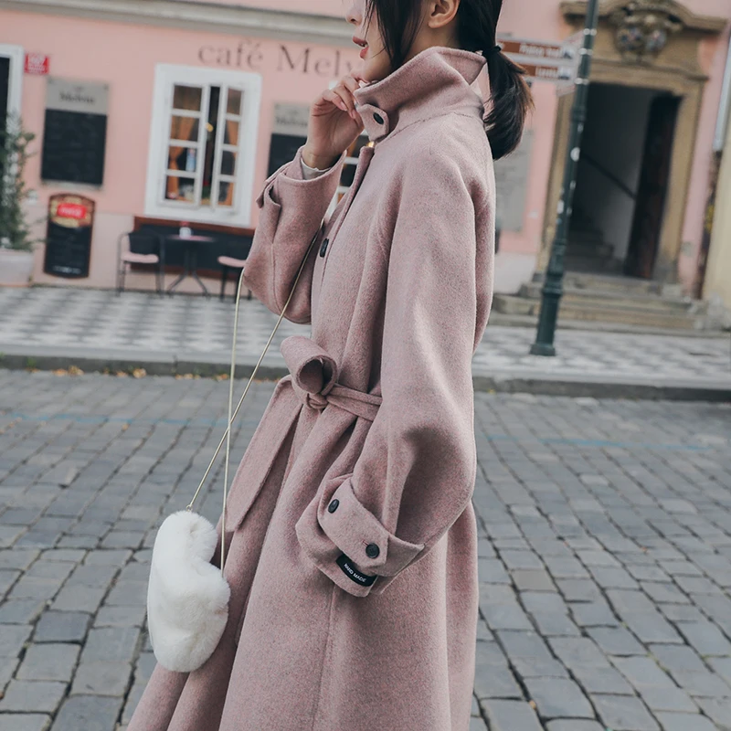 Новинка, Брендовое Женское пальто, отбеленная шерсть, длинные женские пальто, Осень-зима, женская верхняя одежда, розовая, серая одежда, модные пальто
