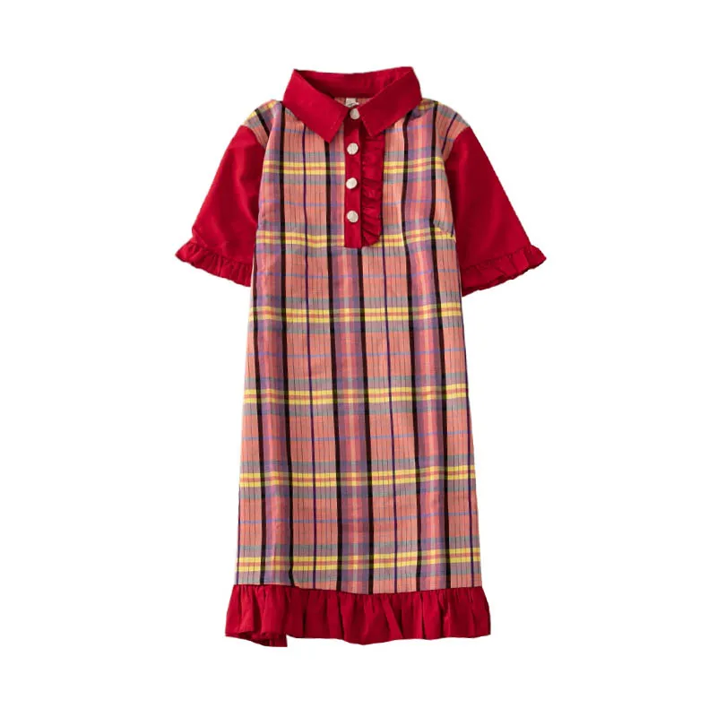 

PERHAPS U red plaid turn down collar short sleeve button ruffle straight dress sweet summer mini dress D1126
