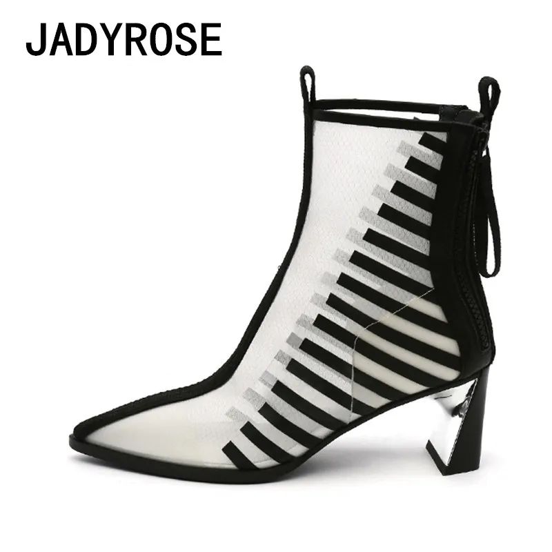 

Women Pointed Toe Short Chelsea Boots Black Mixed White Mesh Ladies Ankle Booties Fashion Design Botines Mujer Woman Summer Bota