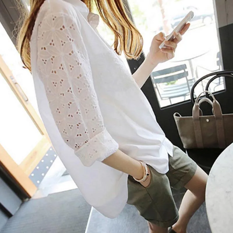 

2018 S-5XL Autumn Women's Shirts White Long-sleeved Blouses Basic Tops Plus Size Hollow Lace Summer Shirts Female High Quality