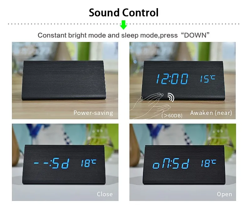 FiBiSonic Деревянный цифровой светодиодный Будильник, звуковой контроль Деревянный Будильник Светодиодный Настольные и настольные часы с температурой