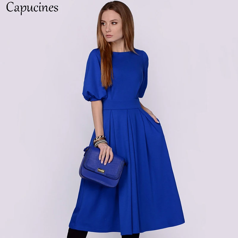 Capucines женский Сплошной цвет Фонарь рукав A-Line Платье летнее с короткими рукавами О-образный вырез Повседневное платье женское элегантный марочный голубые Бальные платья