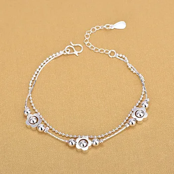 

Double Layer Ball Chain Lucky Clover Charm Bracelet For Women 925 Sterling Silver Jewelry