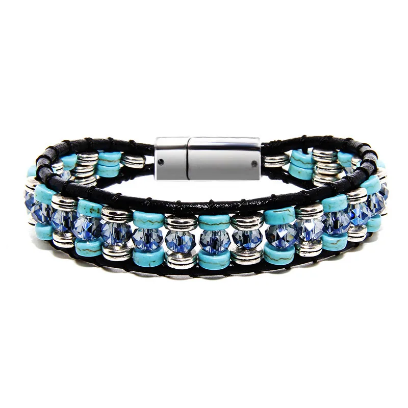 

Beaded Wrap Bracelet Leather Women Native American Style Men Boho Magnetic Clasp Turquoises Beads Faced Crystal Tribal Ethnic