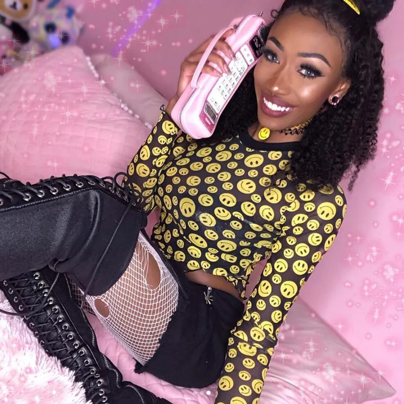 المتناثرة dollskill الأصفر ابتسامة الوجه طباعة مثير شبكة أعلى longsleeve قصيرة القمصان المحملة قميص فام camiseta transparente موهير المتناثرة dollskill الأصفر ابتسامة الوجه طباعة مثير شبكة أعلى longsleeve قصيرة القمصان المحملة قميص فام camiseta transparente موهير