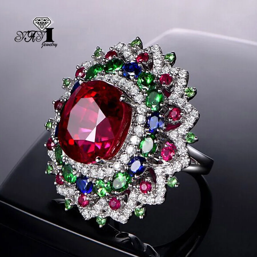Jewelry Princess Cut Red Corundum Gemstones Zircon Silver Color Engagement Wedding Party Precious Rings
