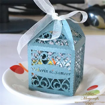 

Filigree laser cut dark green pearl wedding party gift box with free ribbon