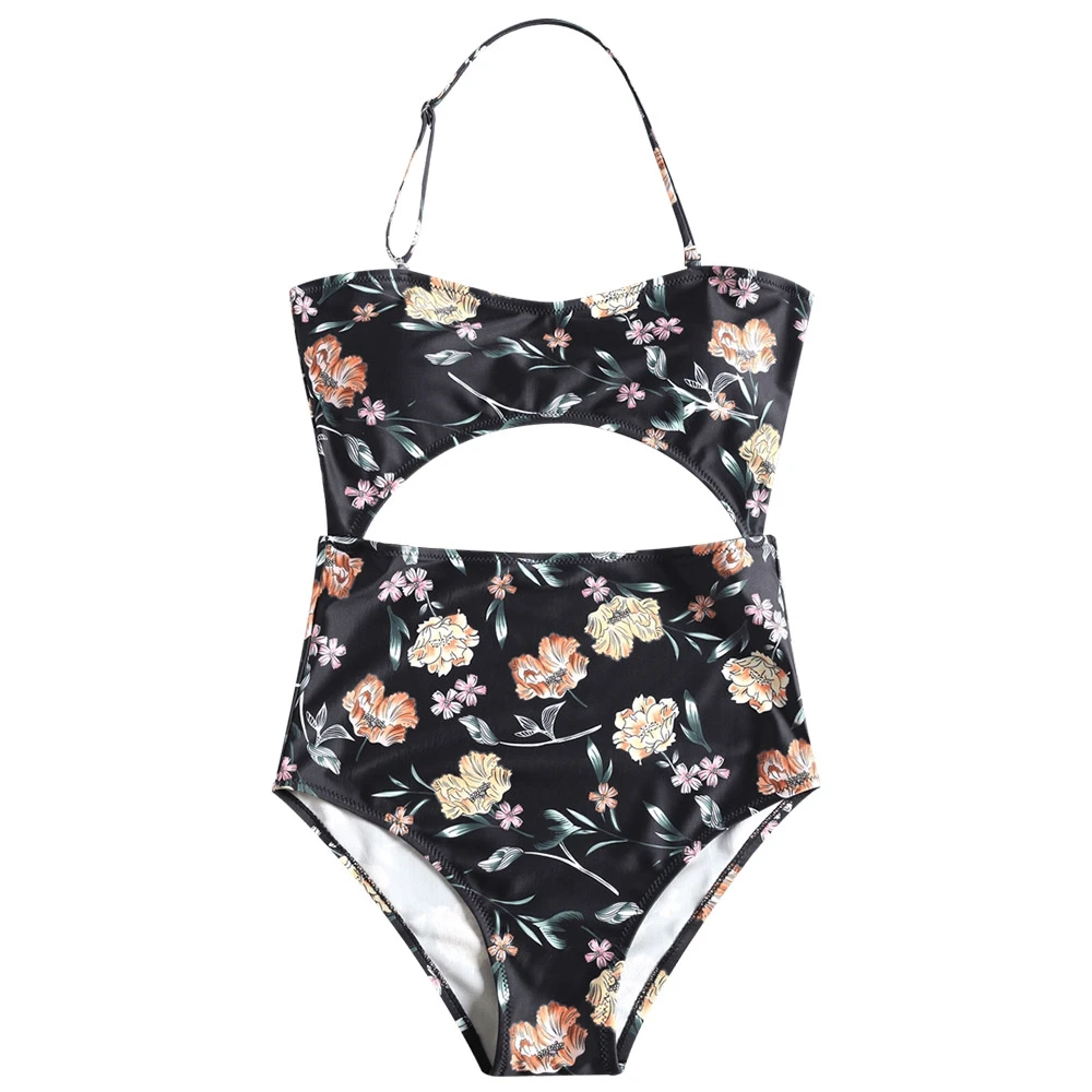 Women One Piece Floral Cut Out Bandeau Swimsuits Sexy Beach Bikini Bath ...