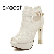 Plus Size 35-42 Fashion Peep Toe Sandals Sexy Women Platform Pumps Lace Mesh Thick High Heels Shoes Ankle boot Summer Sandalet