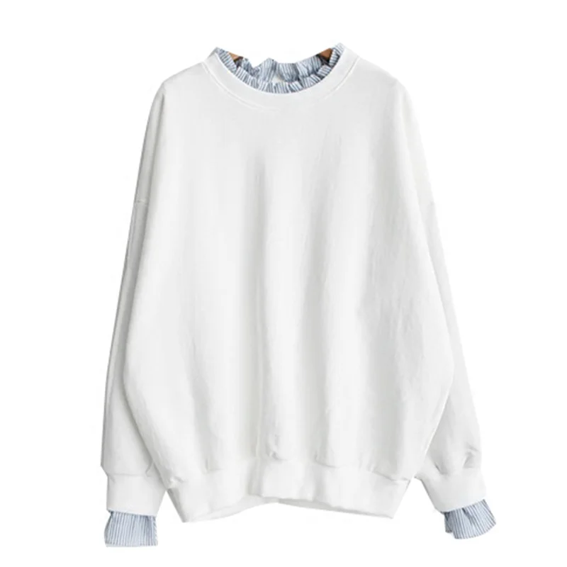 الخريف الشتاء المرأة عارضة البلوفرات السيدات الأزياء مخطط المرقعة وهمية قطعتين بلوزات هوديس طويلة الأكمام البلوز