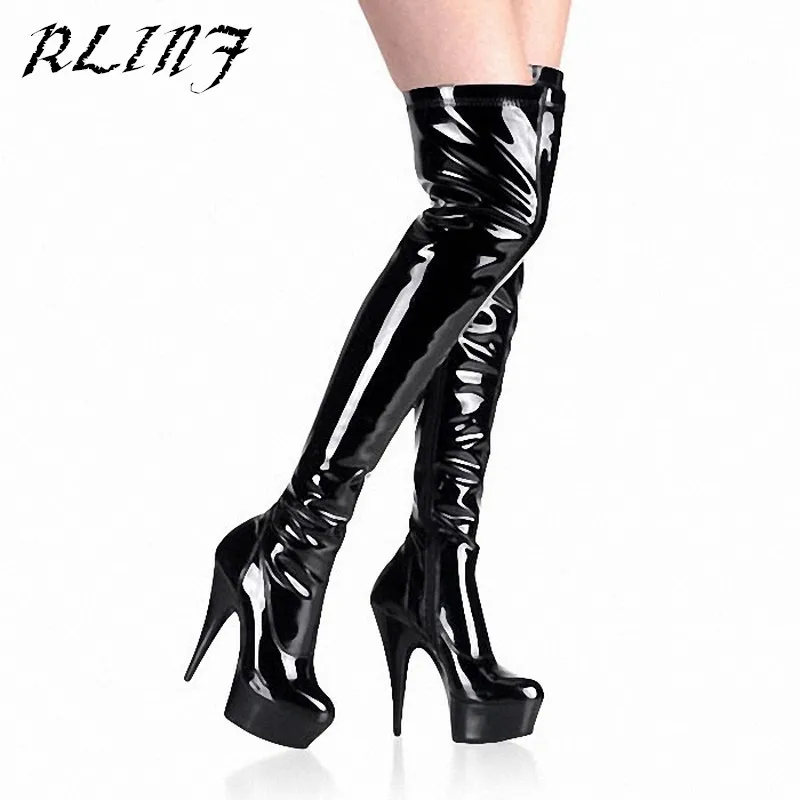 Sexy patent leather knee boots pole dance show sticky fun