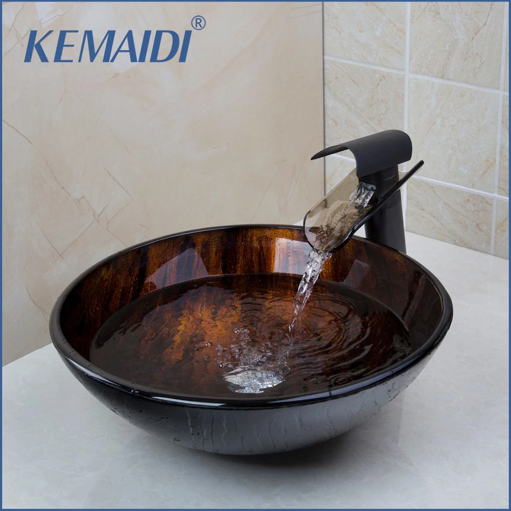 Bathroom Tempered Glass Basin Sink Set Mixer Tap Faucet Oil Rubbed Bronze