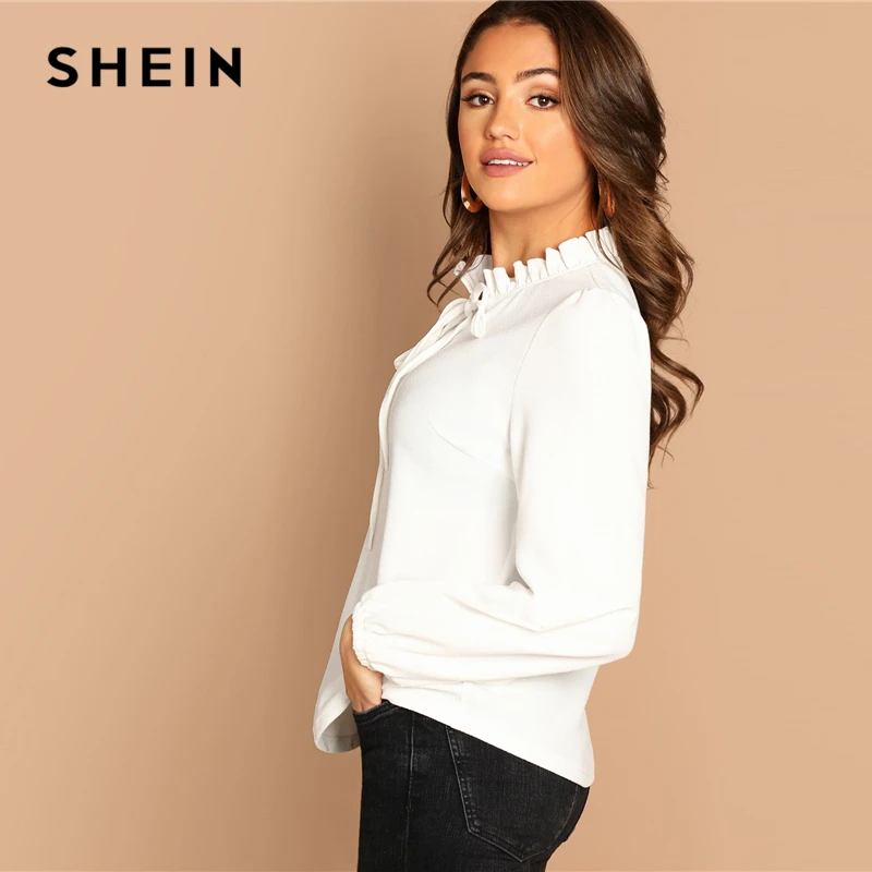 SHEIN Однотонная Нарядная Блузка С Длинным Рукавом, Элегантная Офисная Блуза С Оригинальным Воротником