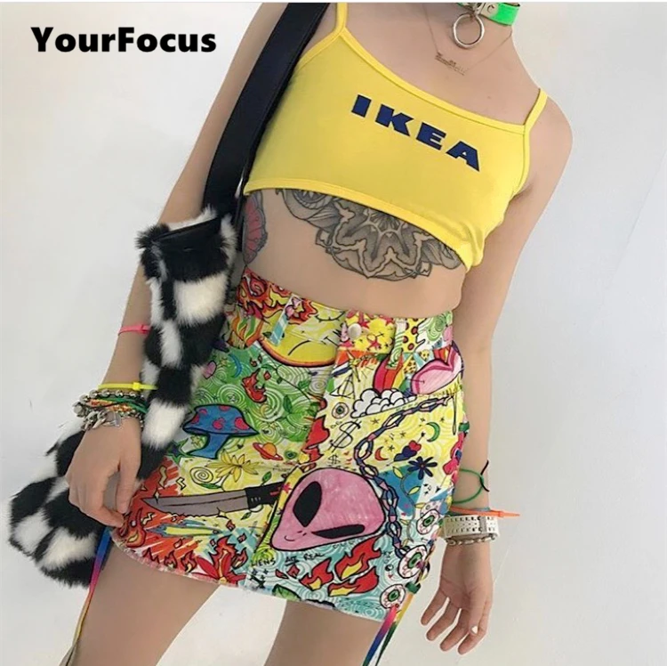 

summer 2018 sexy harajuku hiphop streetwear tank tops spoof letters cropped in yellow short tight camis women crop tops