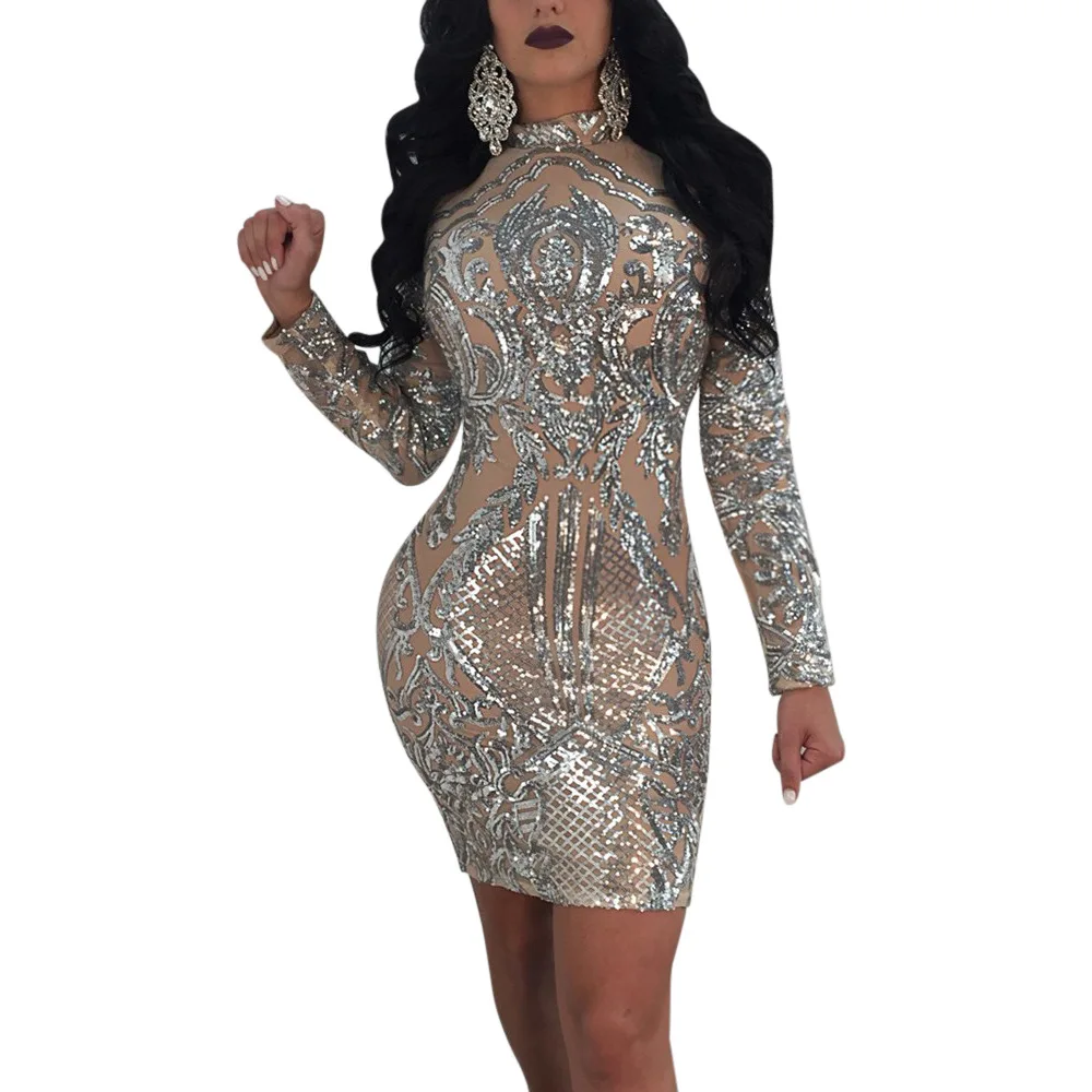Sexy Sequin See Through Dress Women Sheath Mini Summer Dresses Long