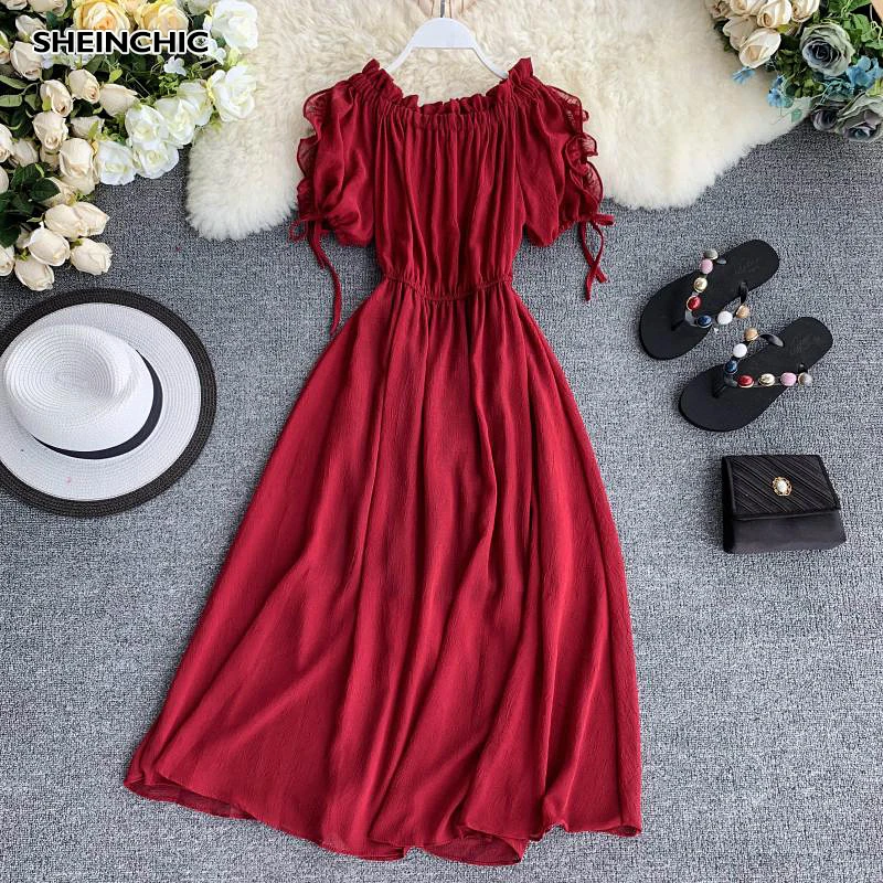 

2019 Summer Women Vintage O Neck Pleated Dress Elegant Red Pink Black Blue Knee Length Dress Casual Ruffles Puff Sleeve Vestidos