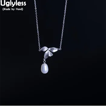 

Uglyless 100% Real 925 Sterling Silver Leaf Flower Chokers for Women Nature Pearl Pendants for Women Water Drop Pearls Necklaces